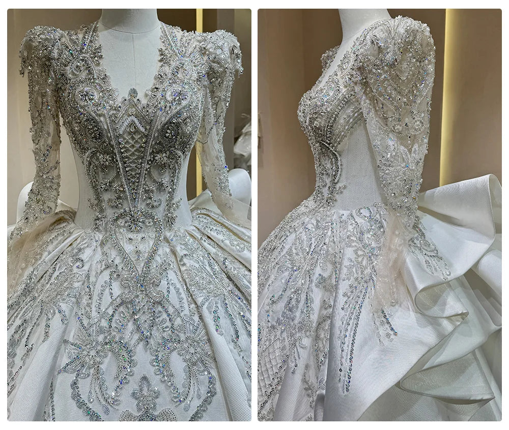 Luxurious Bride Wedding Dress High Quality Satin Gown with Exquisite Beading and Long Train