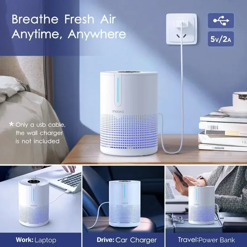 2 Packs MOOKA Air Purifiers for Home Bedroom Up to 300Ft² H13 True HEPA Filter Protable with USB Cable