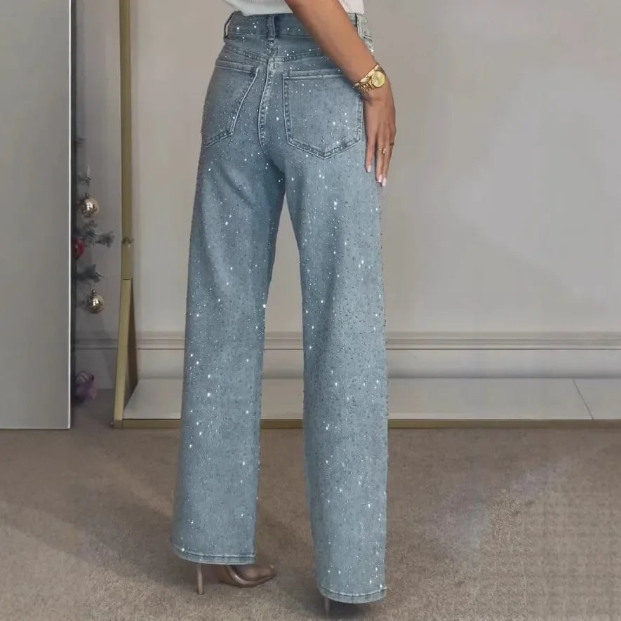 Women Diamonds Straight Jean Denim Trouser Pants Stretch High Waist