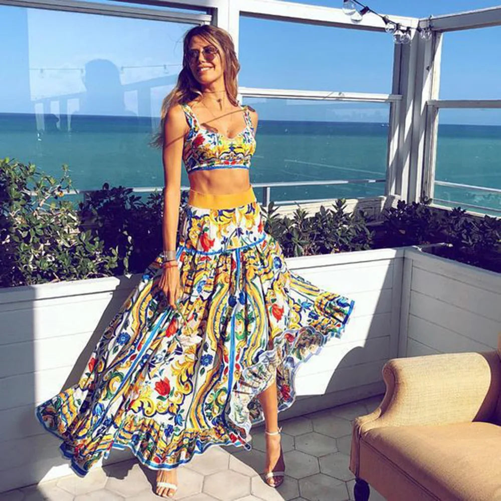 Bohemian Summer Style Two Piece Print A-Line Skirt & Camisole