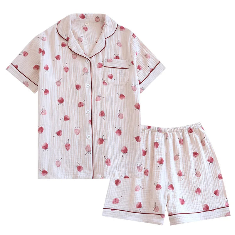 Summer pajamas short-sleeved shorts two-piece cotton crepe