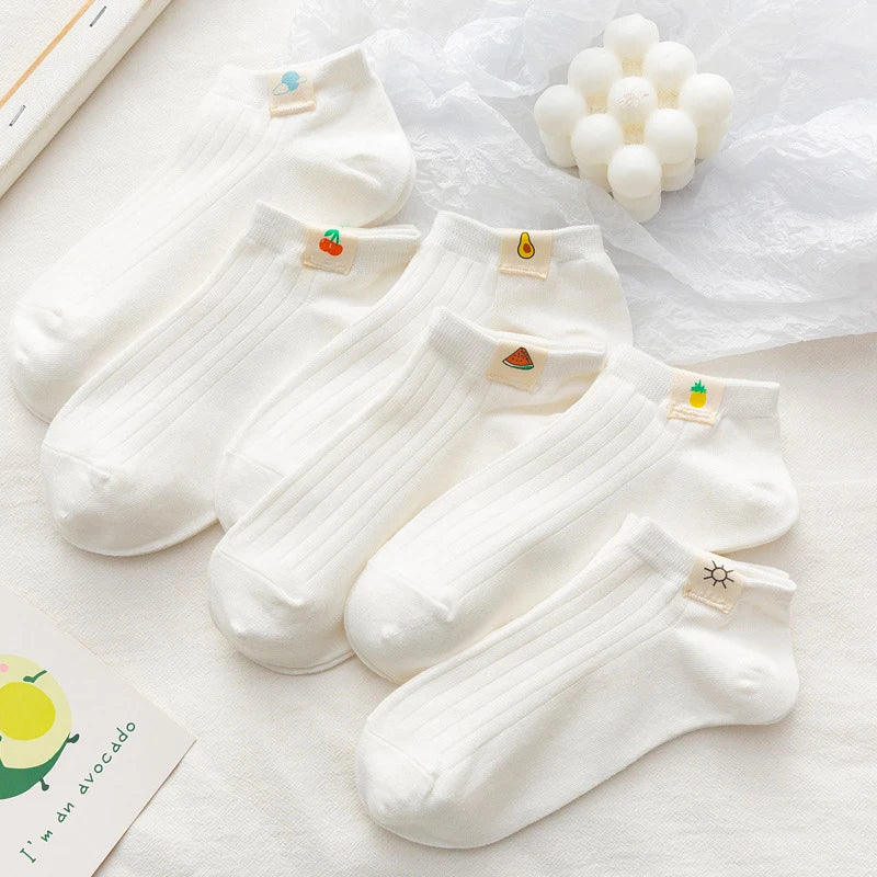 6 Pairs Women Cotton Breathable Short Socks Cartoon Fruit Sun Earth