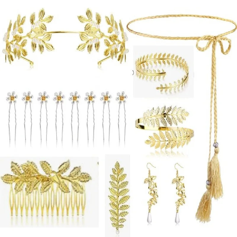 European and American new fashion personality golden leaf pearl headband bridal crown baroque party headgear