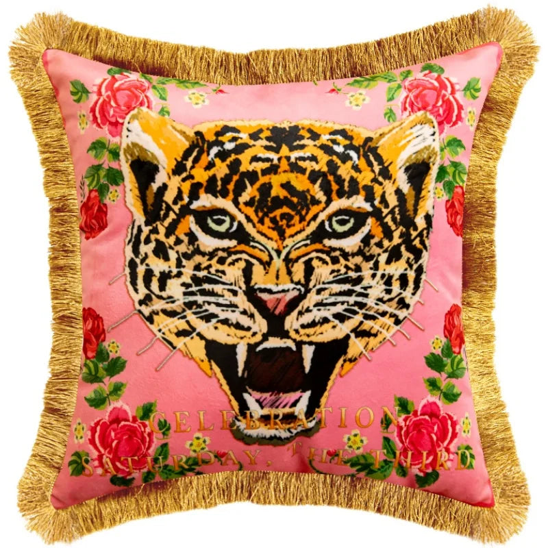 Luxury Pink Tiger Pillowcase Double-sided Velvet Tassel Living Room Sofa Decoration Square Cushion Cover