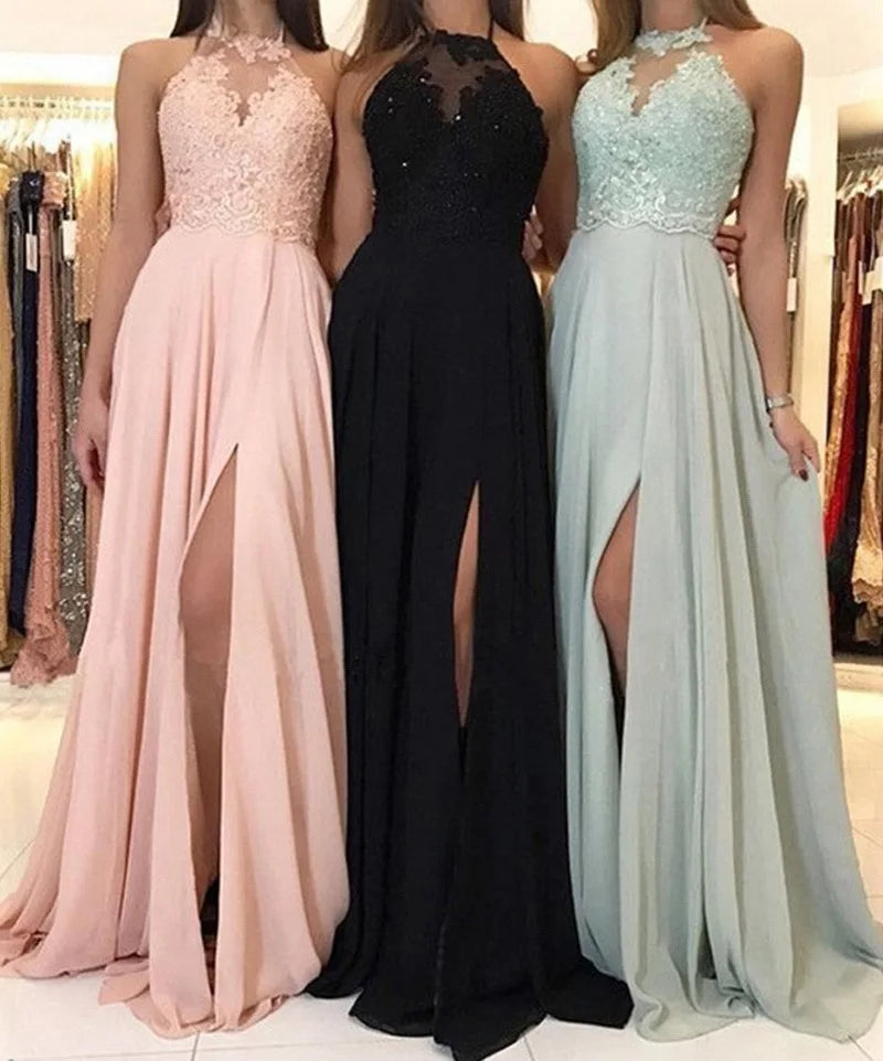 Sexy Halter Lace Floral Sleeveless High Waist Evening Long Dresses Gown