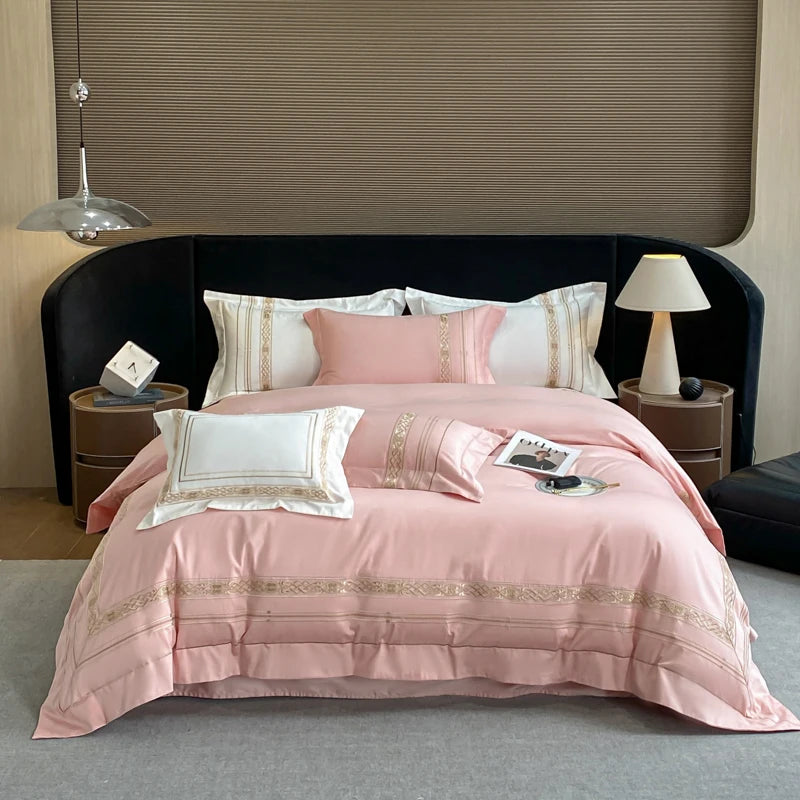 100% Egyptian Cotton Luxury Duvet Cover Set Gold Embroidery Hotel Style