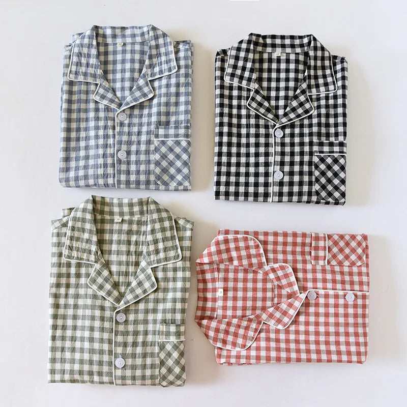 Spring and Autumn Unisex Pajama Set 100% Cotton Men's and Women's Plaid Long Sleeved Two Piece
