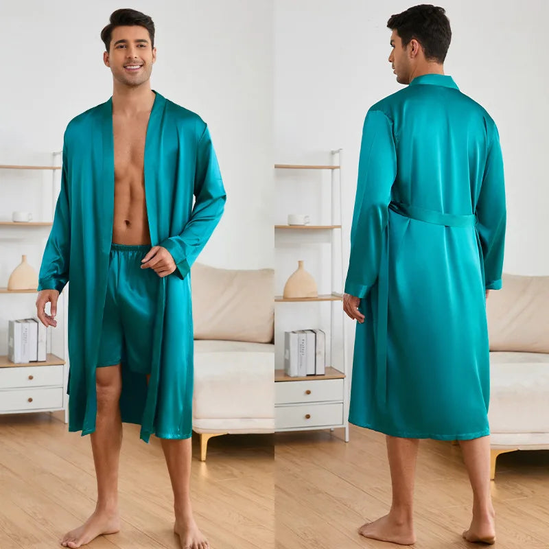 Solid Color Sleep Wear Set Men Silky Nightwear Kimono