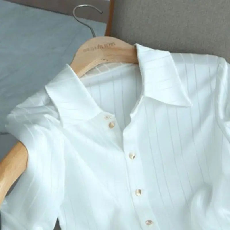 White Striped Shirt For Women's Single Breasted Loose Fitting Shirt