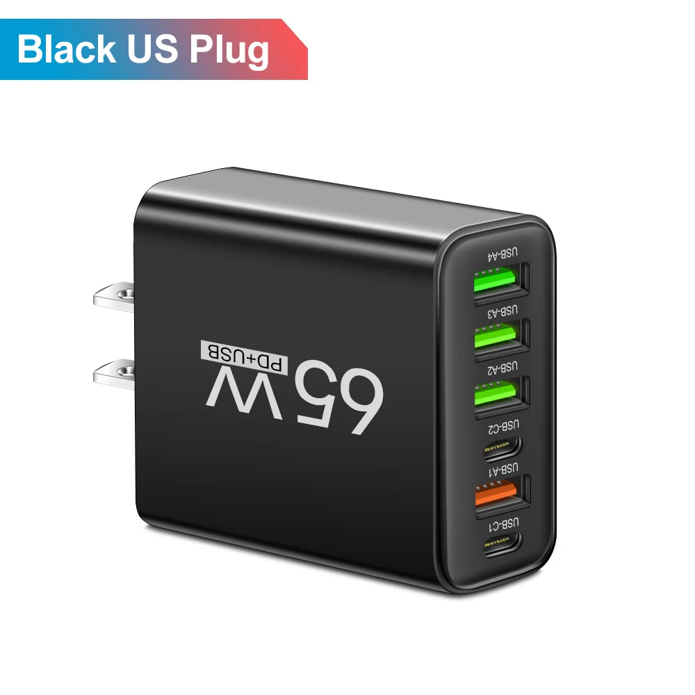 65W 6 in 1 4 USB 2 Type C Quick Charging Fast Wall Charger For iPhone Samsung Xiaomi Huawei Oppo Mobile Phone Adapter