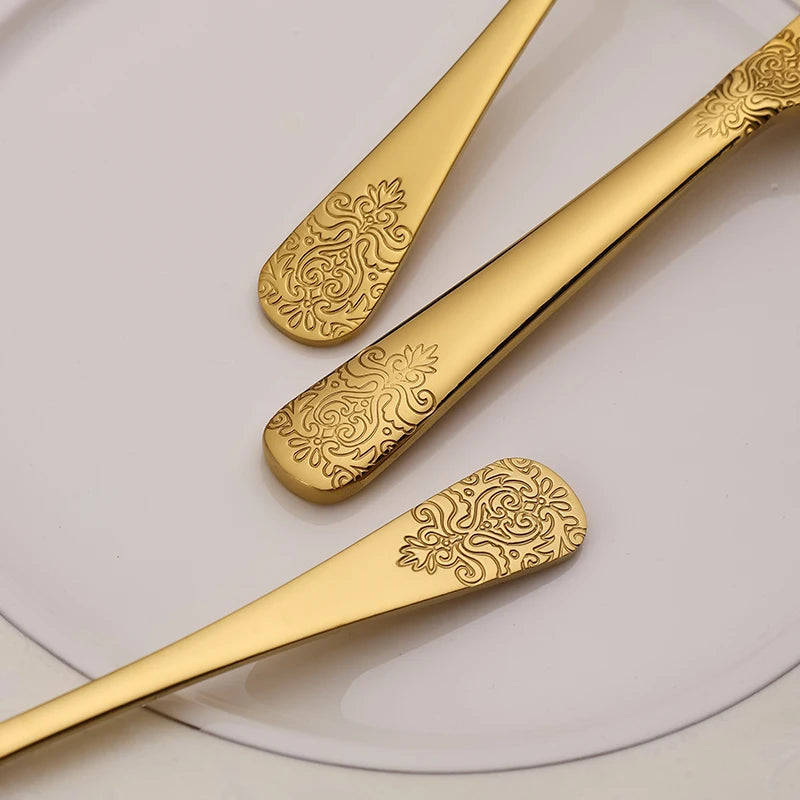 5Pcs Cutlery Set Stainless Steel Tableware Carving Golden Dinnerware