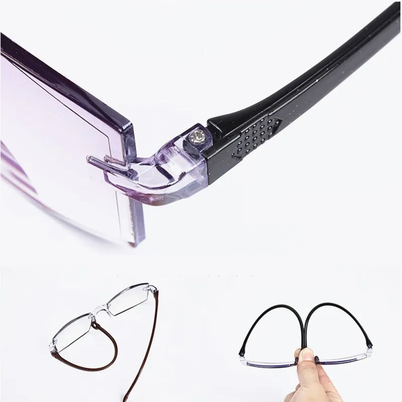 2 Pair Men Women Rimless Reading Glasses Anti Blue Light Bifocal Far Near Magnification Eyewear Presbyopic Glasses +150 +200