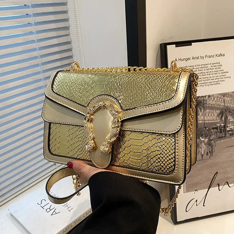Gold Chain Crossbody Women's Fashion Bag Crocodile Pattern