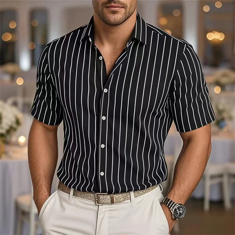 Men's Fashion Striped Loose Short Sleeve Shirt Casual Breathable Lapel Button Shirt Soft and Comfortable