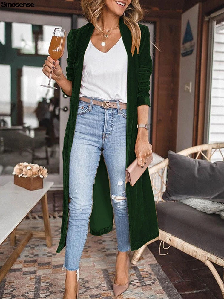 Women Solid Long Sleeve Velvet Jacket With Pockets