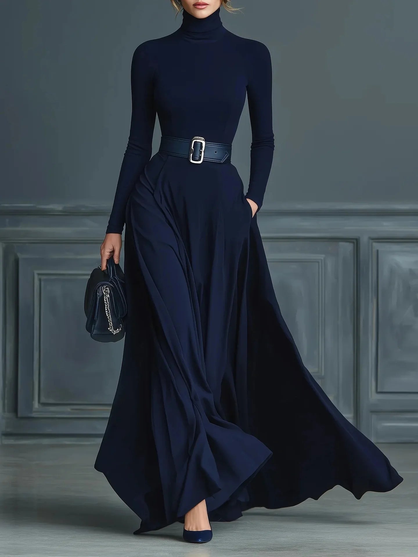 Elegant Half High Collar Knitted Long Sleeve Long Autumn Dress