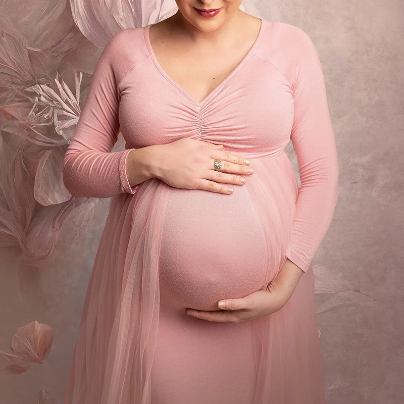 Maternity Long Sleeved Floor Length Mesh Dress