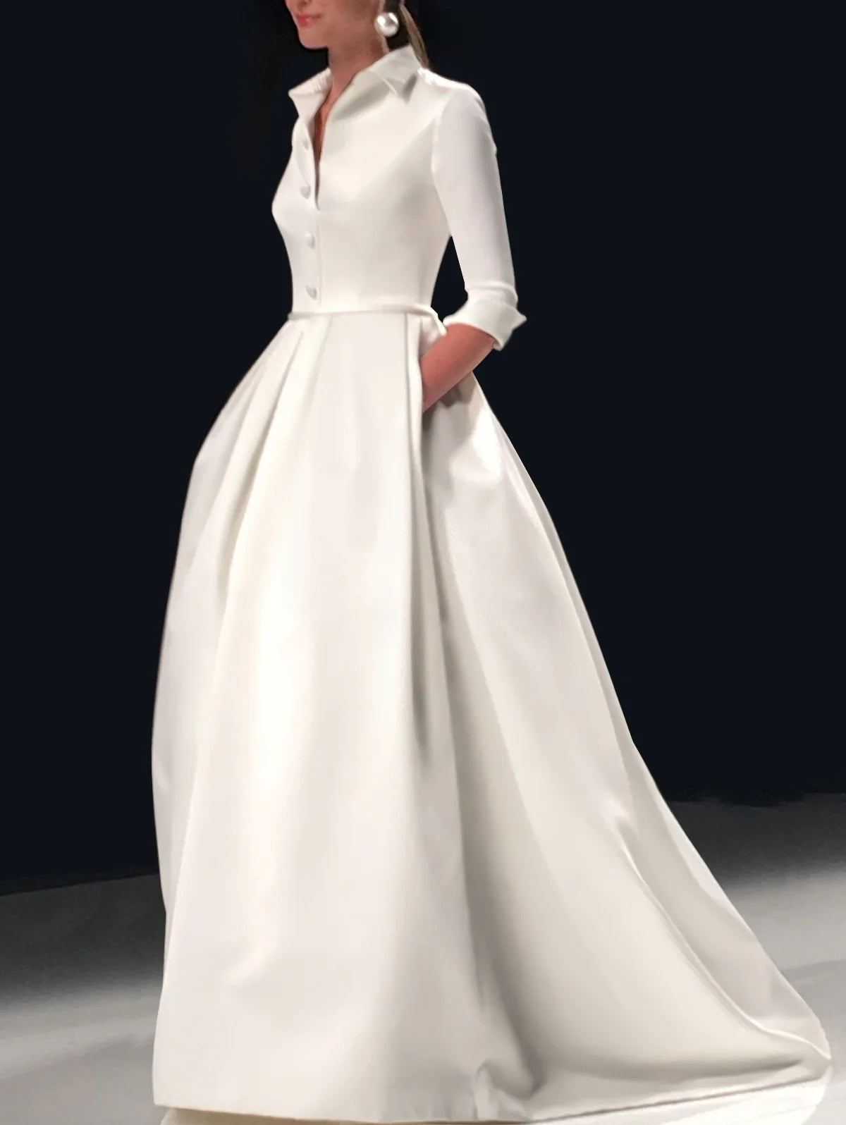 Elegant Women Wedding Guest Long Dress Long Sleeve Stand Collar White A-Line Pleated with Belt