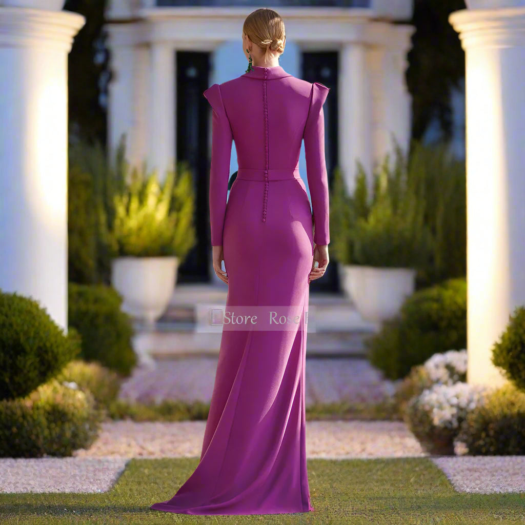 Formal Evening Dress Long Sleeves V Neck Flower Belt Sash Mermaid Dress