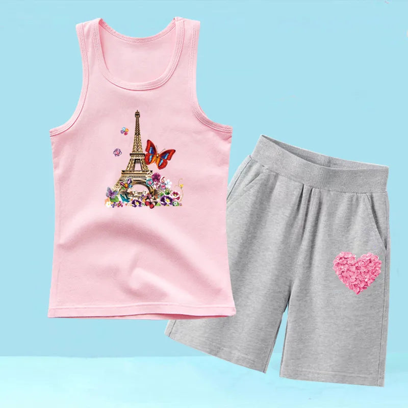 Summer Girls 2PCS Vest Set Perfume Bottle Print Sleeveless Top and Shorts