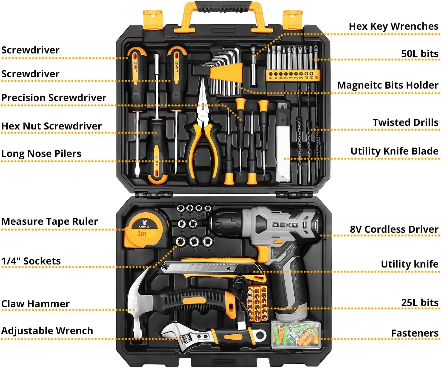 126 Piece Power Tool Combo Kits with 8V Cordless Drill, 10MM 3/8'' Keyless Chuck, Professional Household Home Tool Kit Set