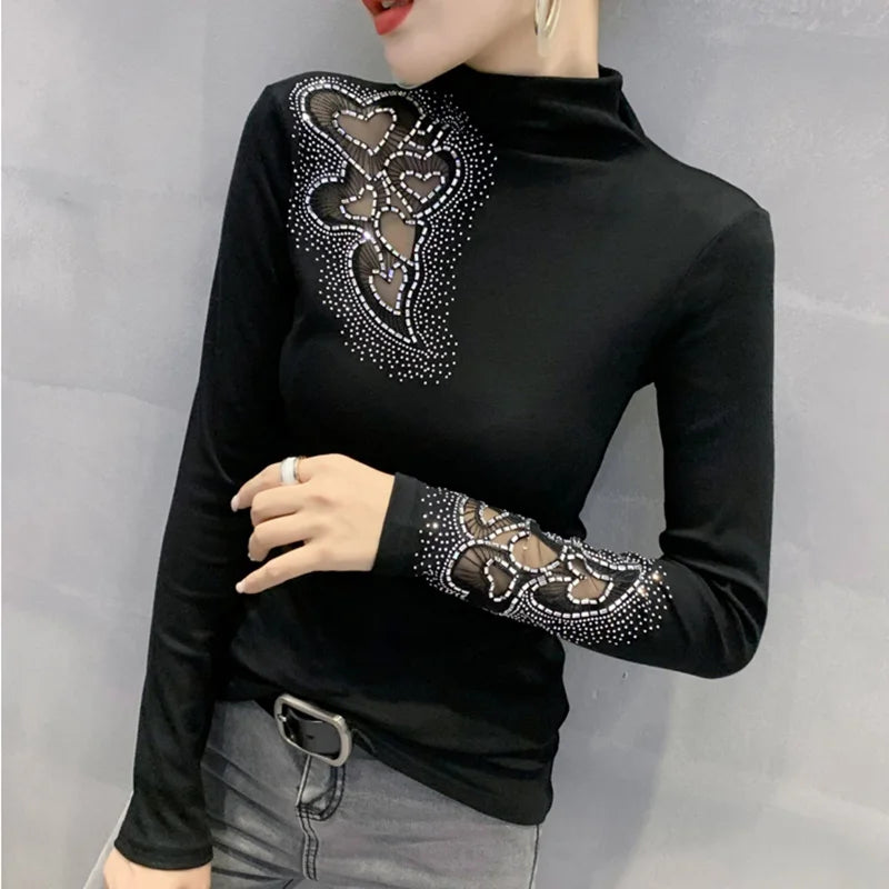 Elegant Women Long-Sleeved Stitching Mesh T-Shirt