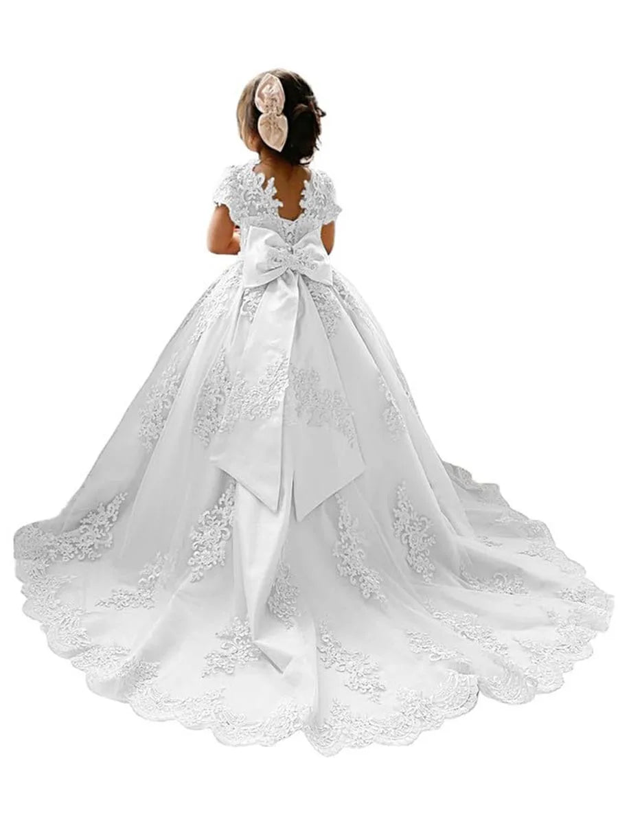 Flower Girl Princess Dresses for Wedding Pageant With Bow-knot Beaded Appliques Long Train Party Gowns