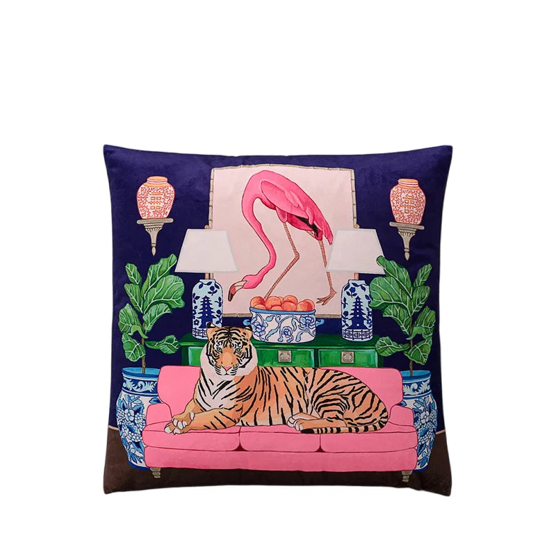 Tiger Home Cushion Velvet Cover Cheetah With Ginger Jar Decorative Pillow Case