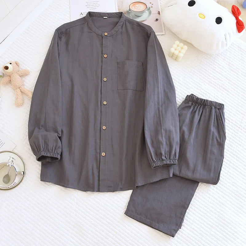 Spring/Summer Women Men Pajama Set 100% Cotton Long Sleeve Long & Pants Two Piece
