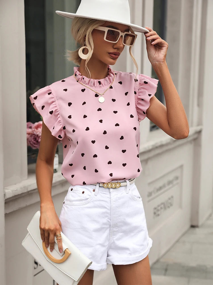 Fashion Chiffon Print Women's Shirt Ruffle Short Sleeve