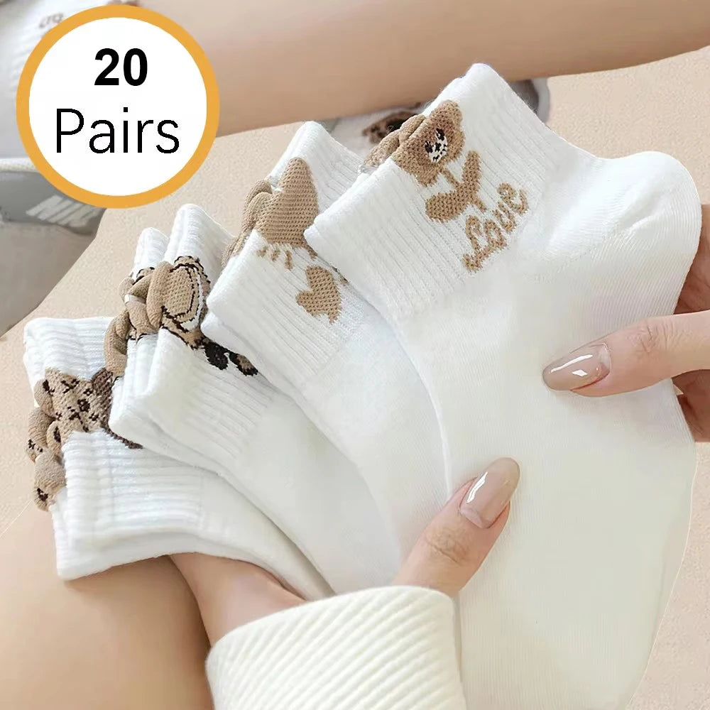 5/10/20 Pairs Women Cartoon Teddy Bear Ankle Socks