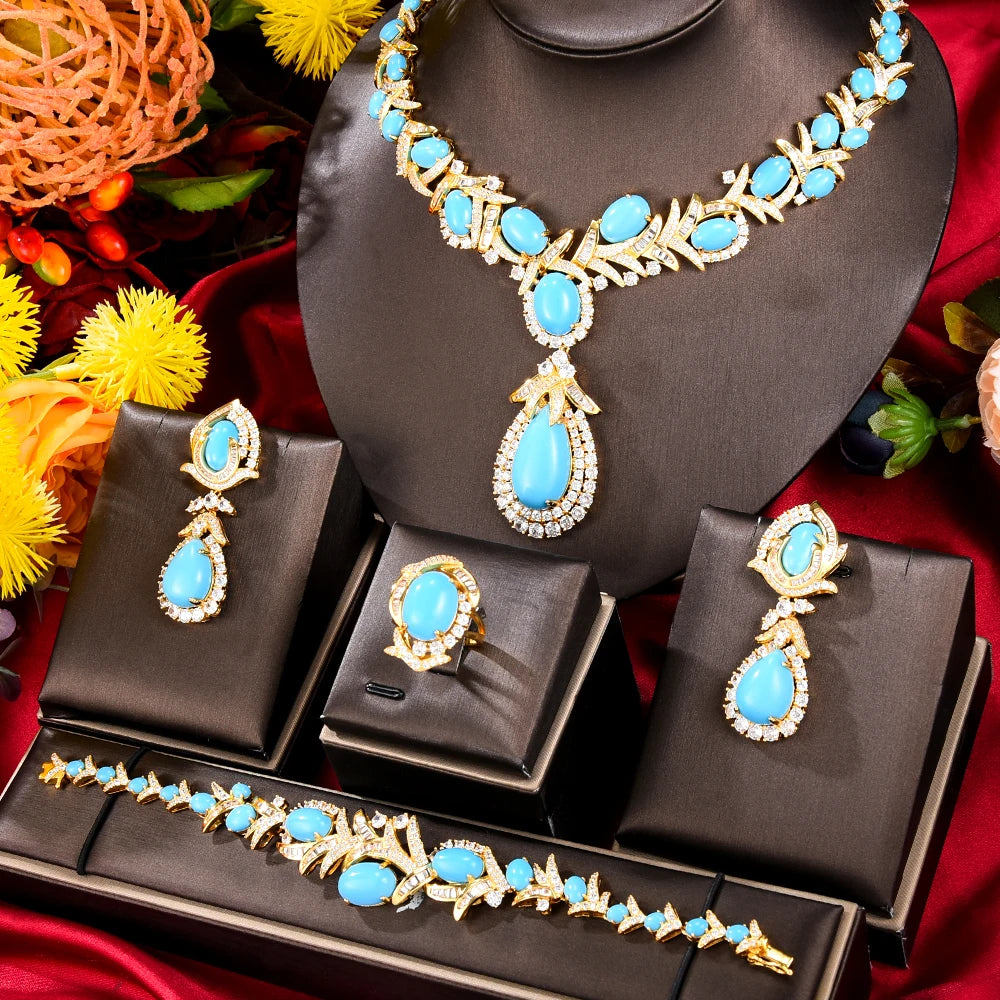 Turquoise Dubai Jewelry Sets For Women CZ Zircon Necklace