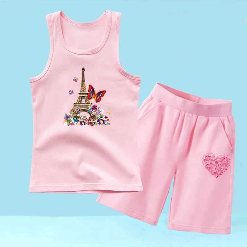 Summer Girls 2PCS Vest Set Perfume Bottle Print Sleeveless Top and Shorts
