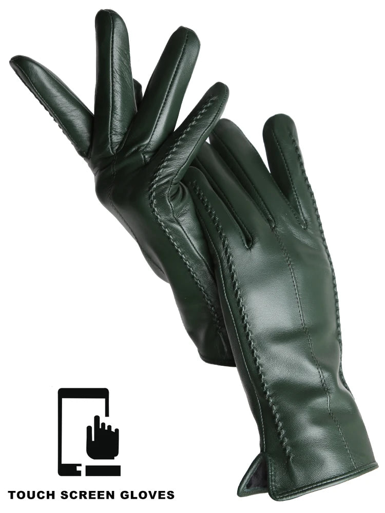 Women's Leather winter warm gloves with velvet thin touch screen
