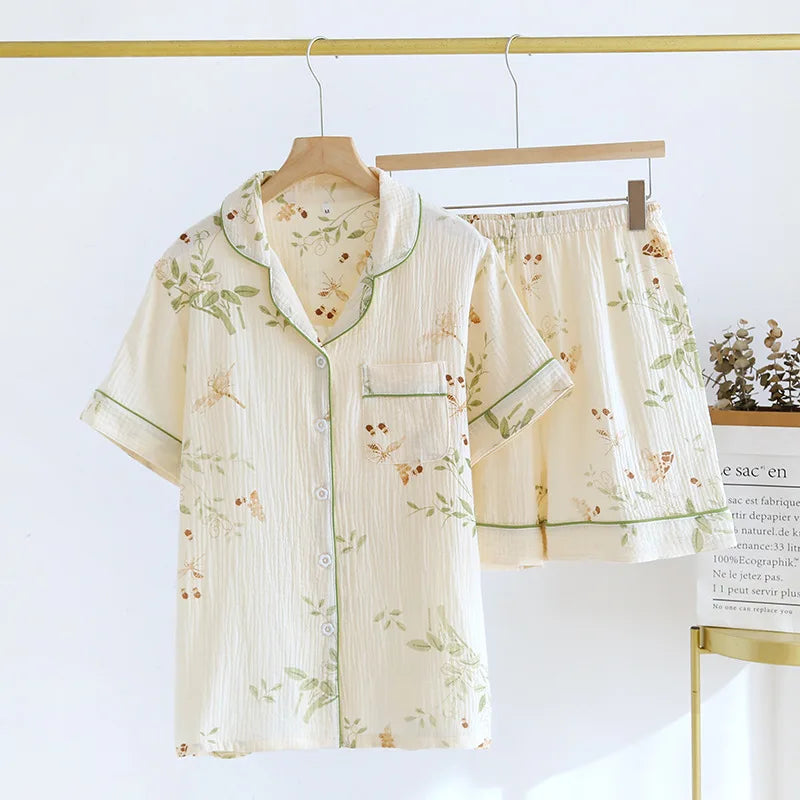 Summer pajamas short-sleeved shorts two-piece cotton crepe