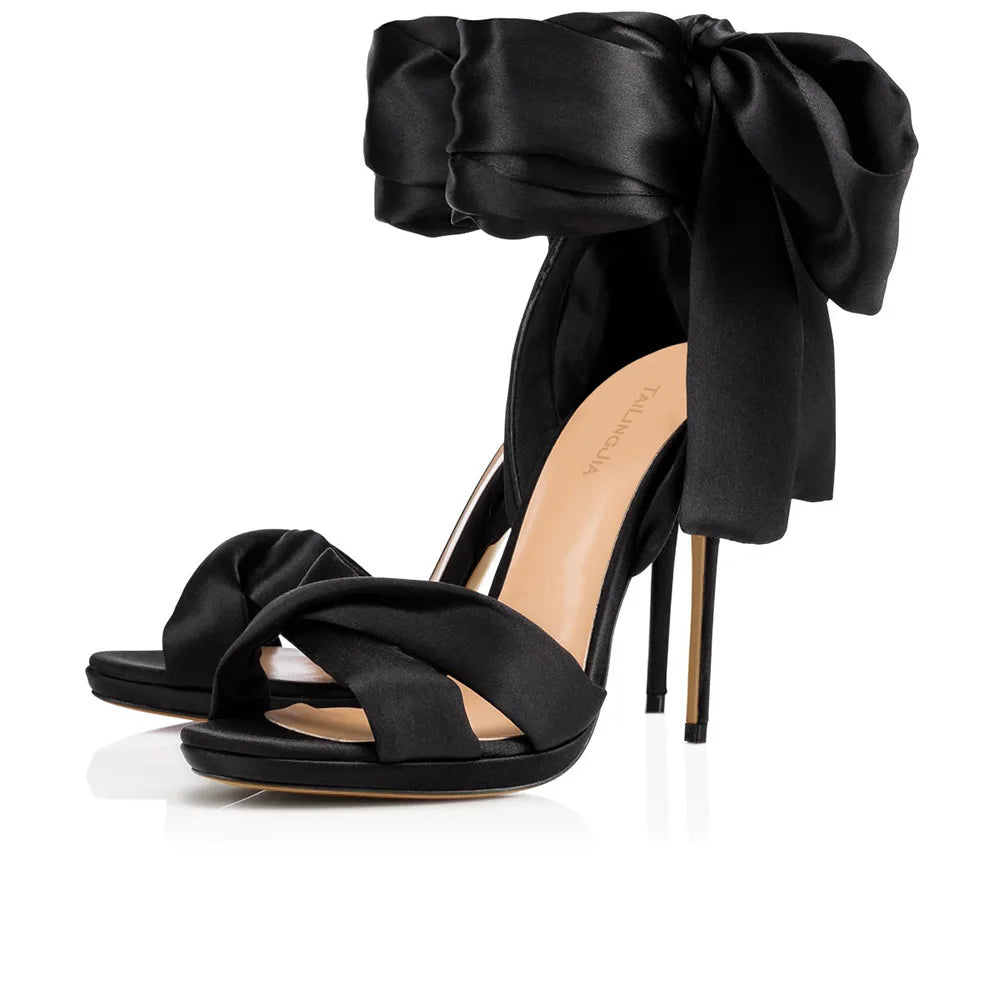 Summer satin bow cross-band sexy open-toe women sandals thin high-heeled shoe
