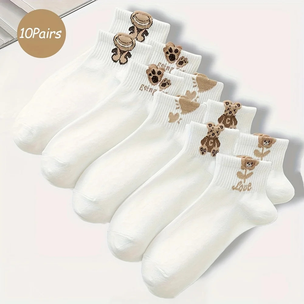 5/10/20 Pairs Women Cartoon Teddy Bear Ankle Socks