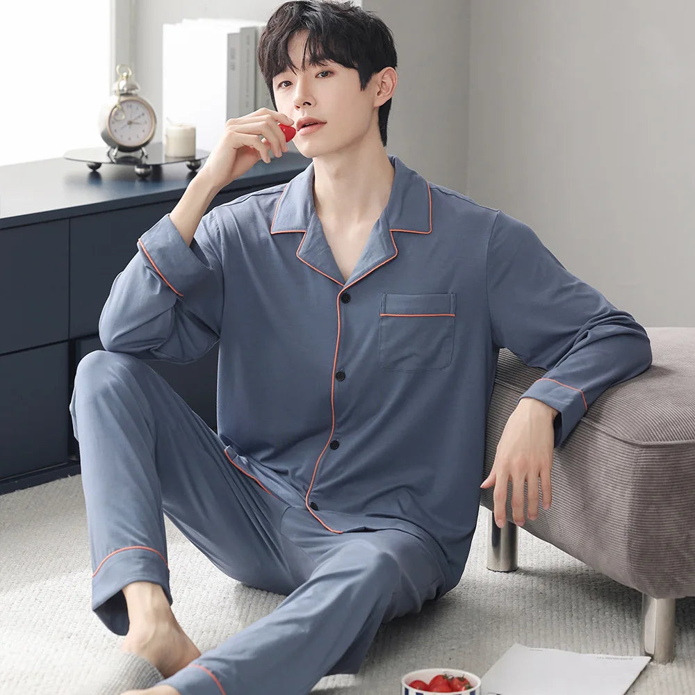 Autumn Men's Pajamas Sets Long Sleeve Modal Cotton Thin Teenage Boys' Large Size Spring Outwear Home Cloth Suit Sleepwear Male