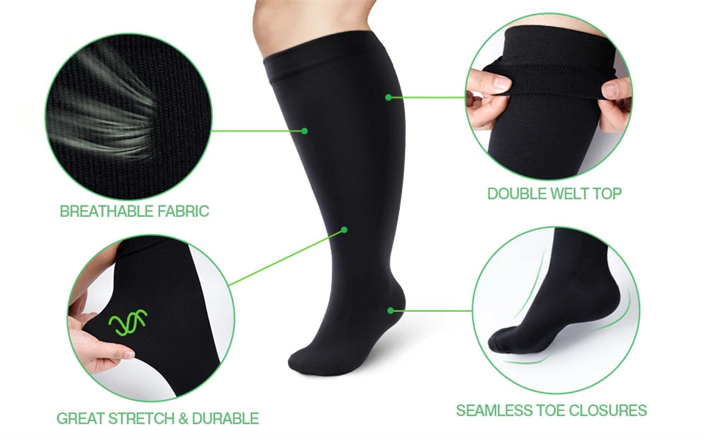 1 Pair 2XL-7XL Large Size Compression Socks for Women and Men 20-30 MmHg Wide Calf Knee Stockings for Sports Running Yoga