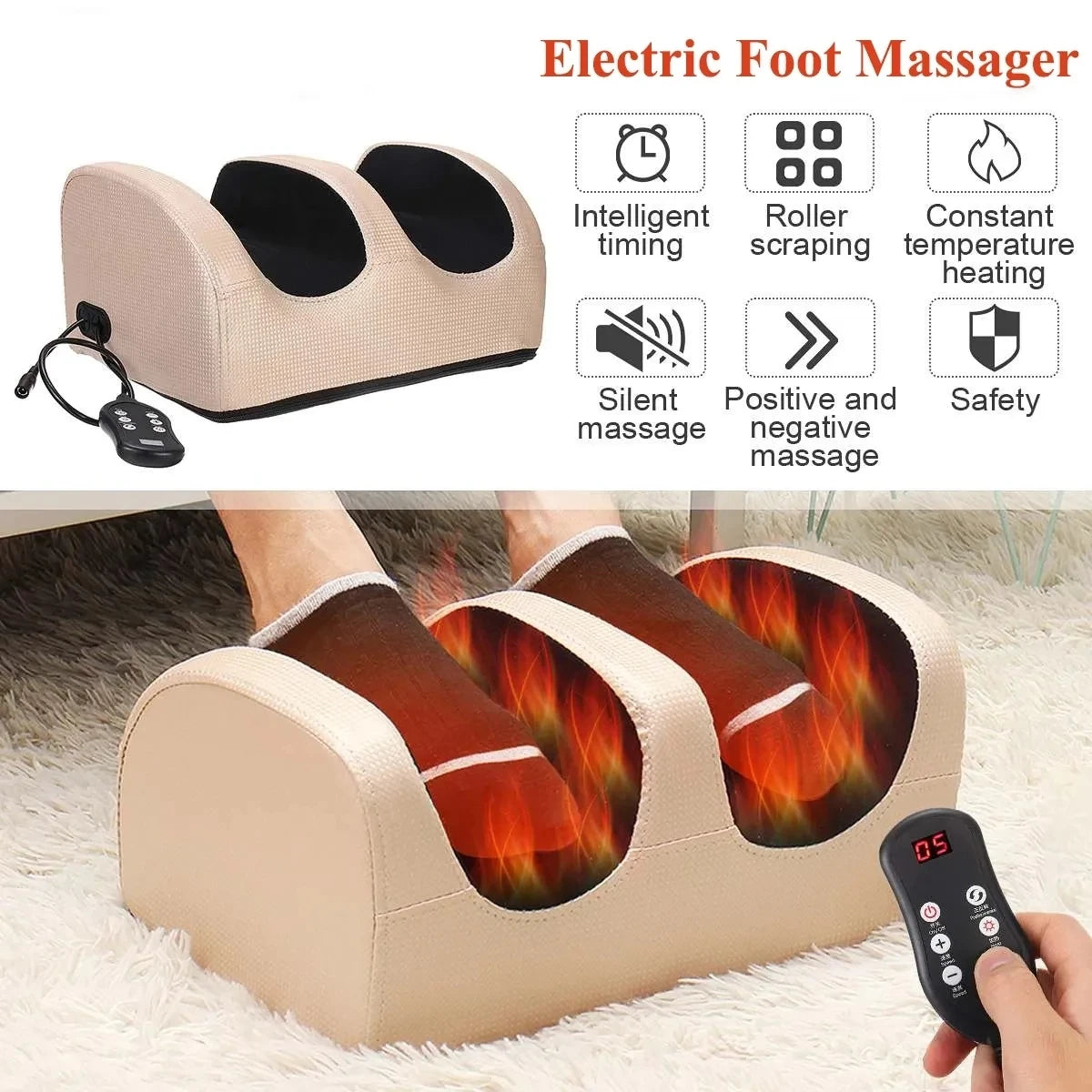 Electric Foot Massager Shiatsu Kneading Deep Tissue Relax Heated Roller Calf Pain Relief Fatigue Muscles Vibrator Machine Health