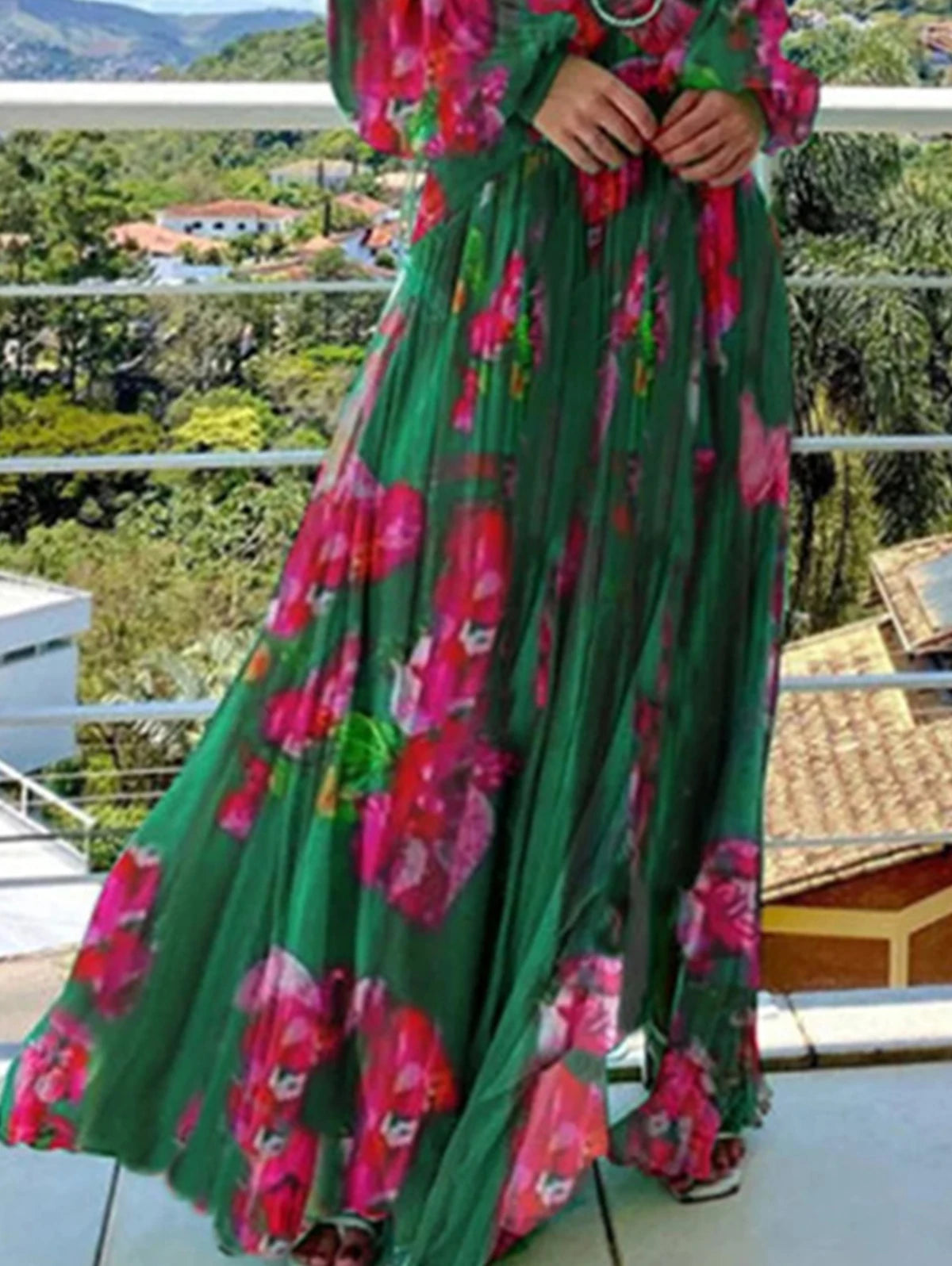 Spring Autumn V-Neck Maxi Floral Print Dress Long Sleeve Waist A-line