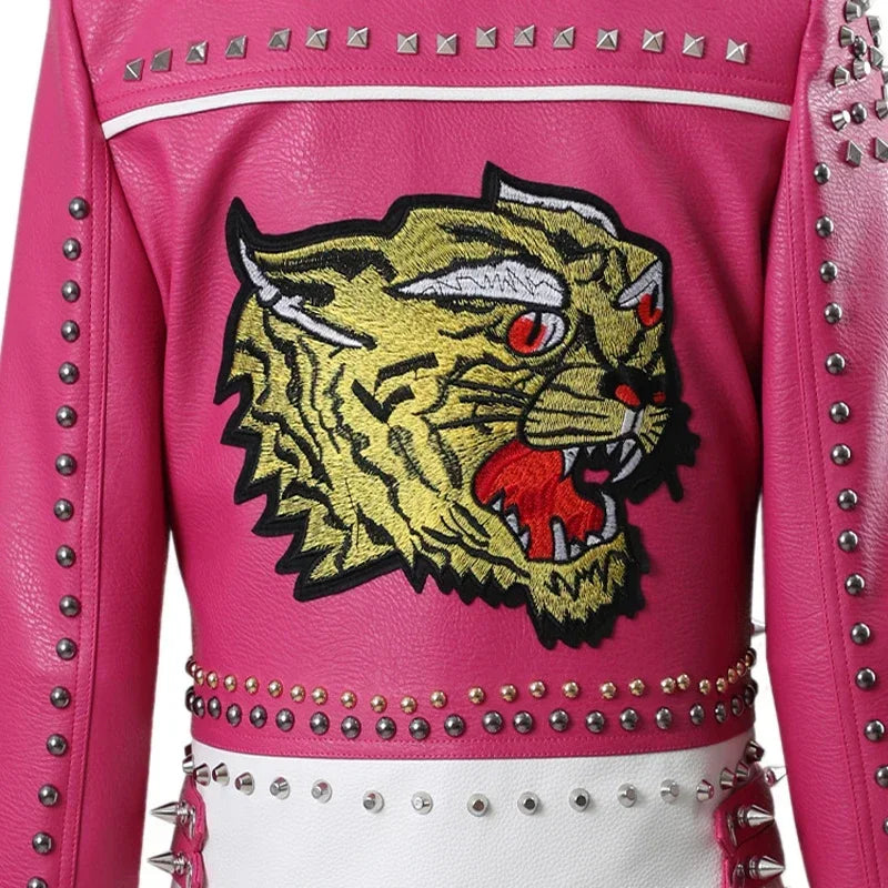 Punk Studded Motorcycle Women Faux Leather Embroidered Jacket