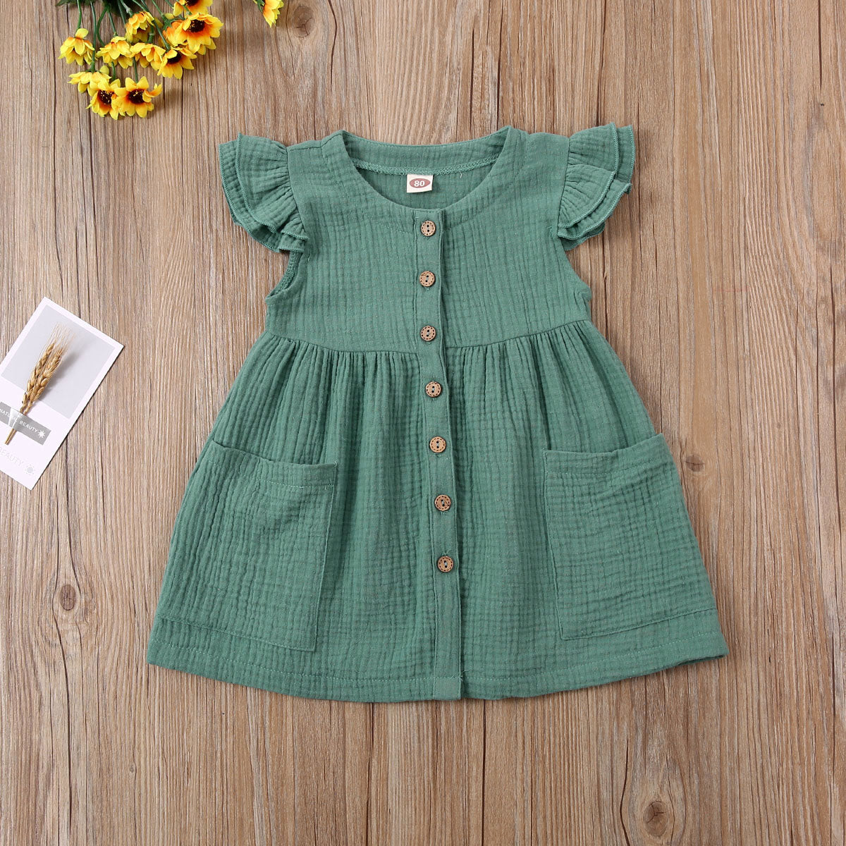 0-6Years Toddler Kid Baby Girl Summer Dress Ruffles Sleeves Cotton Button Pocket Dress Sundress