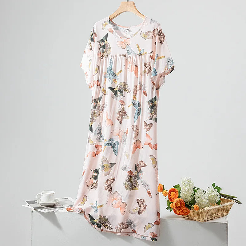 Summer Women Nightgown Short Sleeve Round Neck