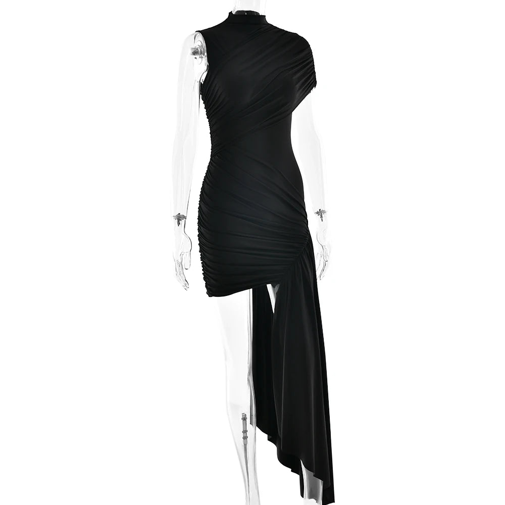 Irregular Round Neck Ruched Ribbon Women Dress