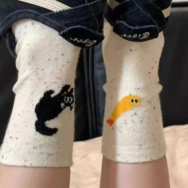 1/2pairs Cartoon Cat Fish Pattern Middle Tube Socks Soft Thermal Warm Crew Sock