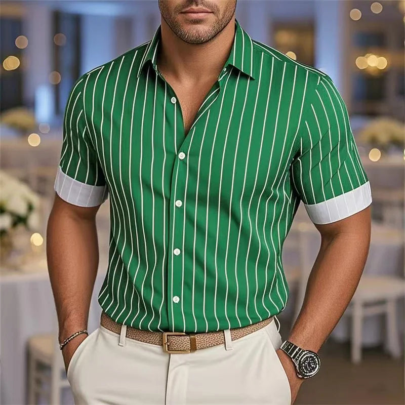 Men's Fashion Striped Loose Short Sleeve Shirt Casual Breathable Lapel Button Shirt Soft and Comfortable
