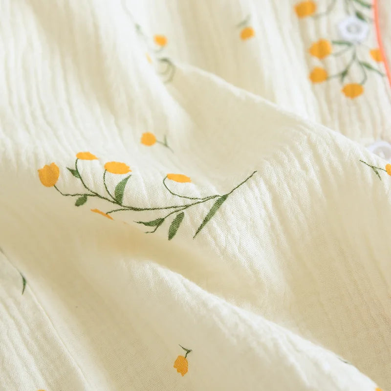 Summer women's cotton crepe three-piece short sleeve + shorts + trousers large size simple flower pajamas