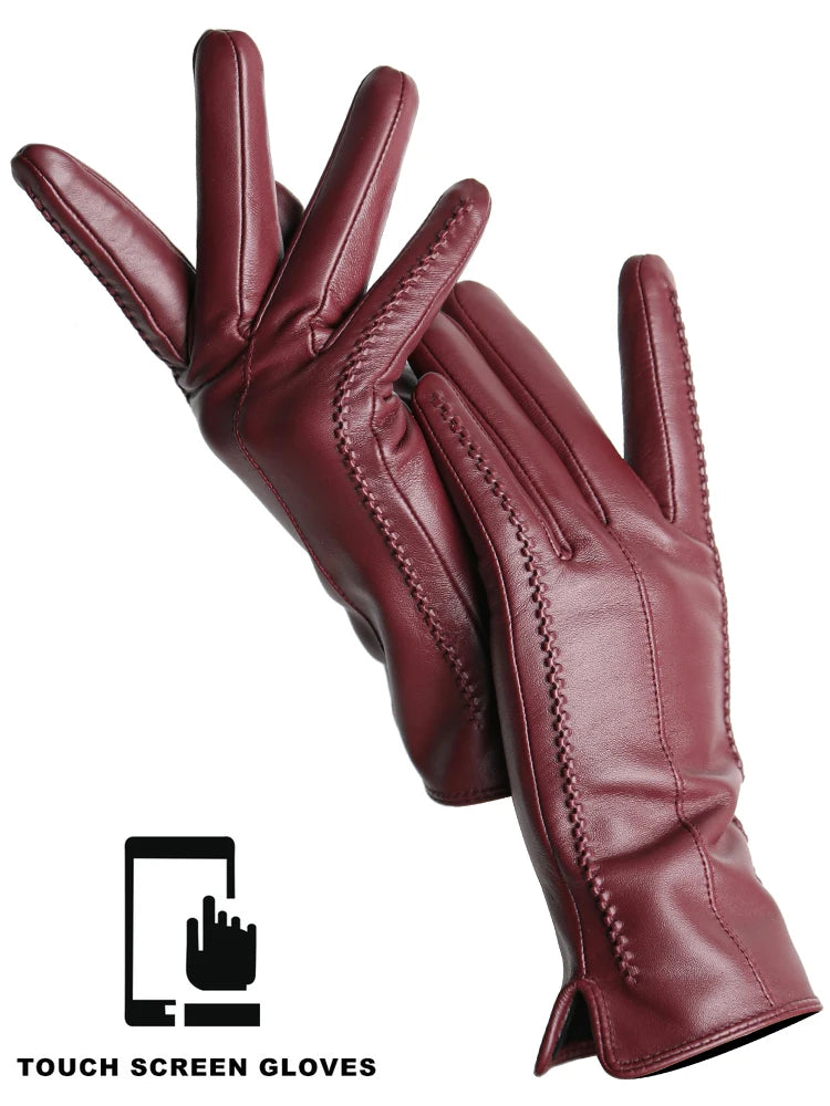 Women's Leather winter warm gloves with velvet thin touch screen