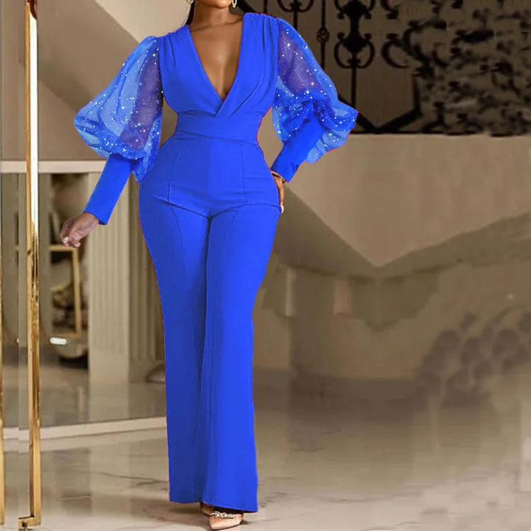 Elegant Jumpsuit Romper High Waist Overall Sequins Bodycon Long Sleeve